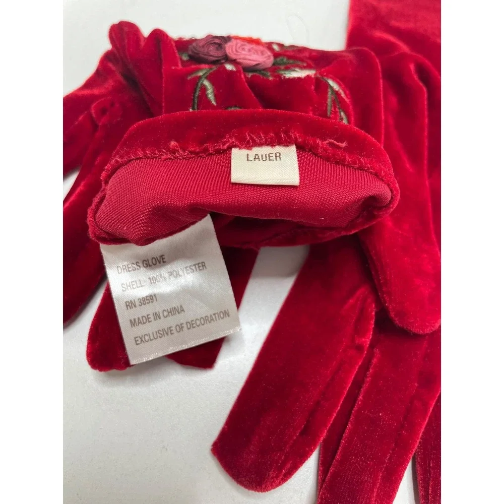 Vtg Lauer Red Velvet Embroidered Floral Dress Gloves‎ Elegant Evening Occasion